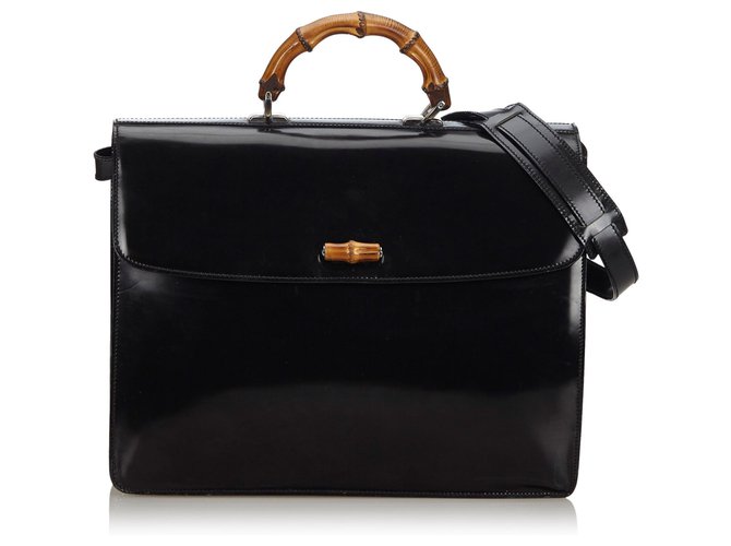 Gucci Black Bamboo Leather Briefcase Wood  ref.143788