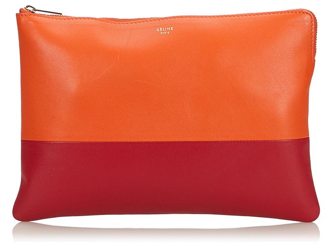 Céline Celine Orange Bicolor Leather Clutch Bag Red Dark red  ref.143791