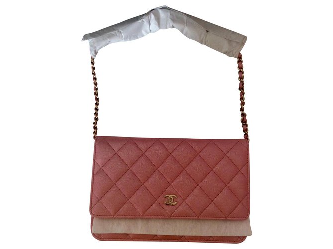 Wallet On Chain Chanel Handtaschen Pink Leder  ref.143928