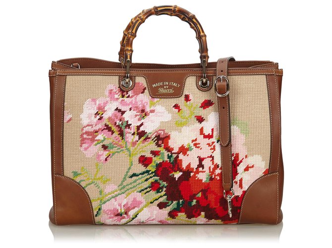 Gucci Brown Bamboo Needlepoint Canvas Satchel Multiple colors Beige Leather Cloth Cloth  ref.143990