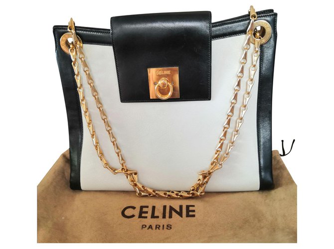 Maravilhosa bolsa Céline vintage Preto Branco Dourado Couro  ref.144033