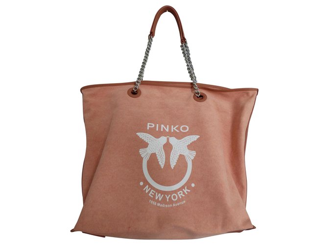 Pinko Handbags Brown Silvery Leather Cotton Metal  ref.144265