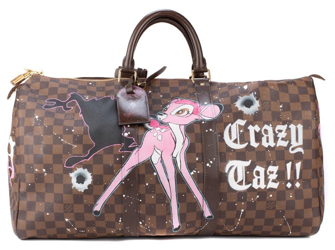 Louis Vuitton Keepall Travel Bag 50 custom ebony checkerboard fabric "Taz & Bambi" by PatBo! Brown  ref.144283