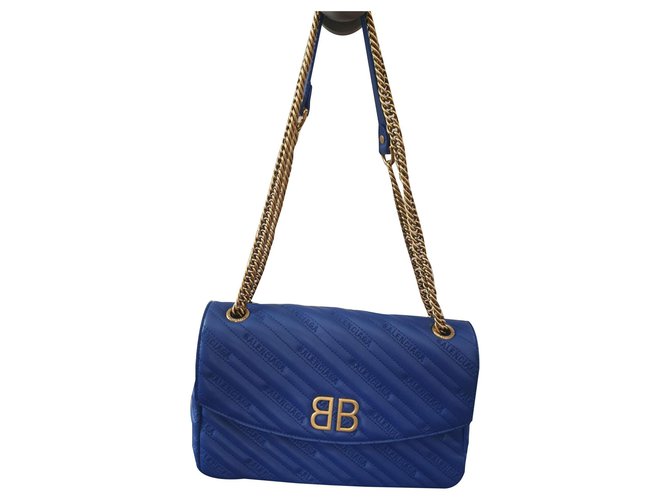 BB Chain Shoulder Bag Quilted Leather Blue