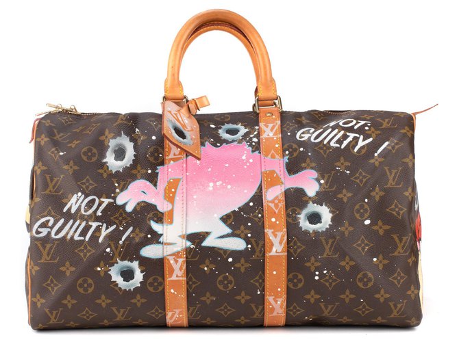 Louis Vuitton Keepall Travel Bag 45 lona feita sob encomenda do monograma "Fucking Taz" por PatBo! Marrom Couro  ref.144504