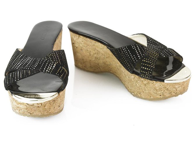Jimmy Choo Black Suede Gold Decorated Cork Wedge Heel Sandal Platform SZ 38,5 Negro Cuero  ref.144616