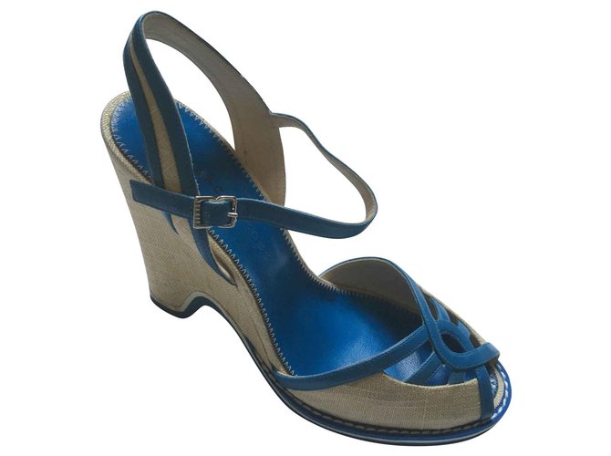 Marc Jacobs Cunhas Azul Bege Couro Lona  ref.144649
