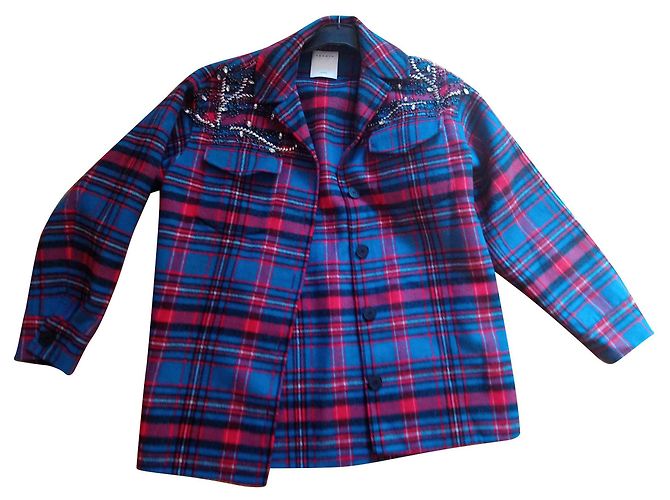 Sandro Blue and Red Tartan Wool Coat