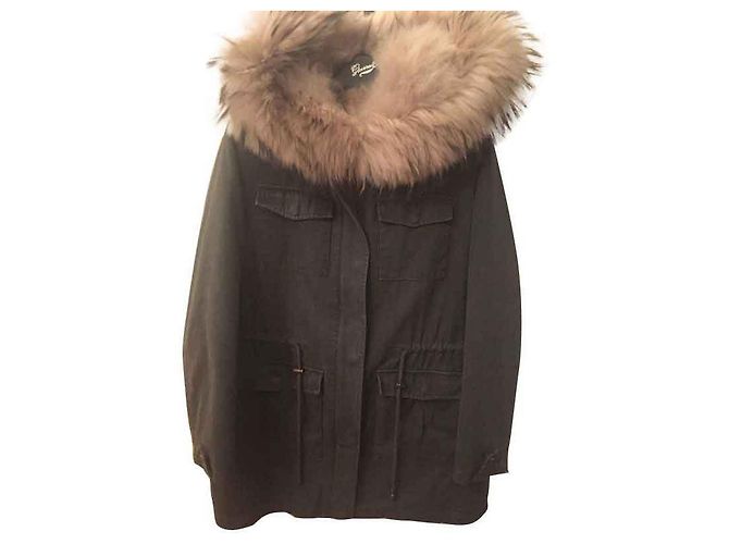 Parka Berenice cáqui de algodão com capuz de pele de guaxinim Caqui