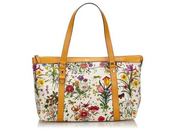 Gucci White Flora Canvas Abbey Tote Bag Multiple colors Cream Leather Cloth Cloth  ref.144823