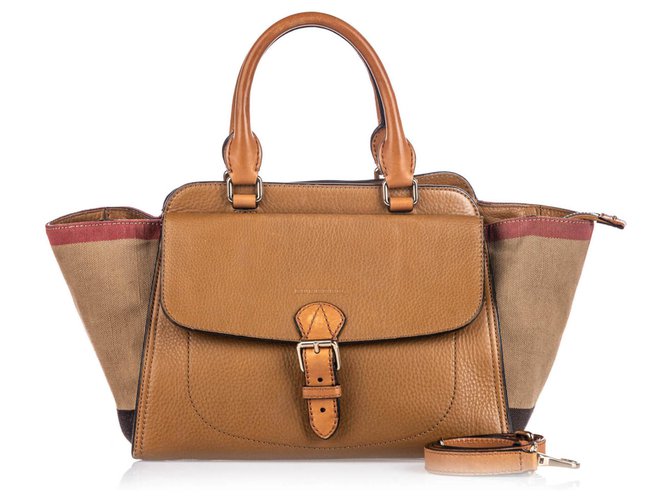 Burberry Brown House Cheque Harcourt Satchel Marrom Multicor Bege Couro Lona Pano  ref.145138
