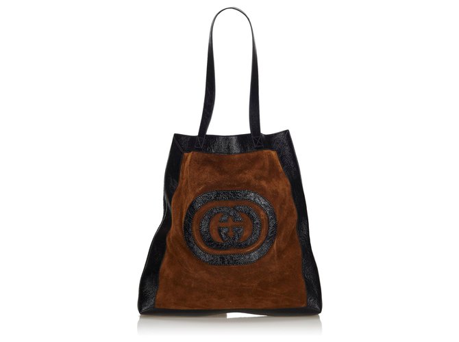 Grand sac cabas en daim ophtalmique brun de Gucci Suede Cuir Cuir vernis Marron Noir  ref.145139