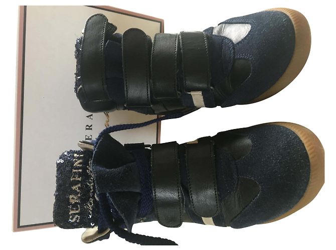 Baskets montantes compensées Serafini Manhattan bleu marine cuir