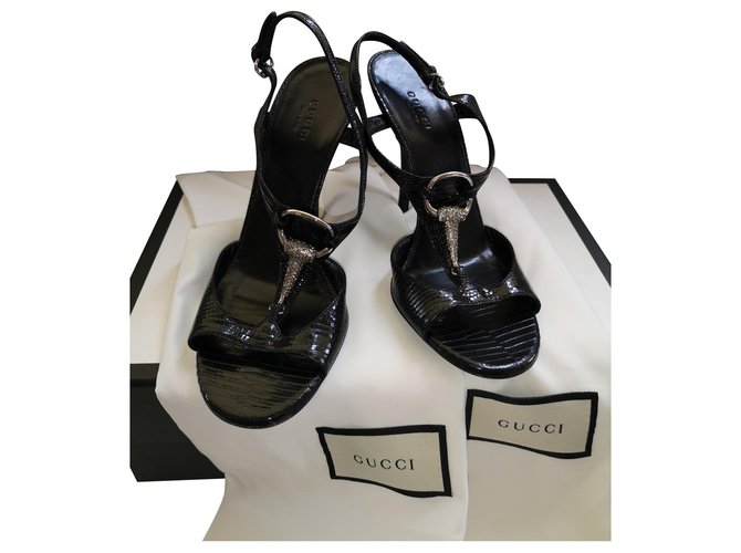 Gucci Jewel sandals in lizard skin Black Leather  ref.145214