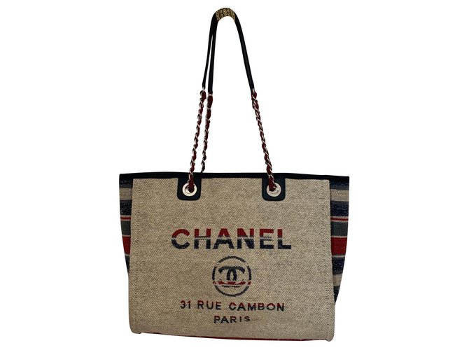 Chanel Cabas Deauville Bege Lona  ref.145215