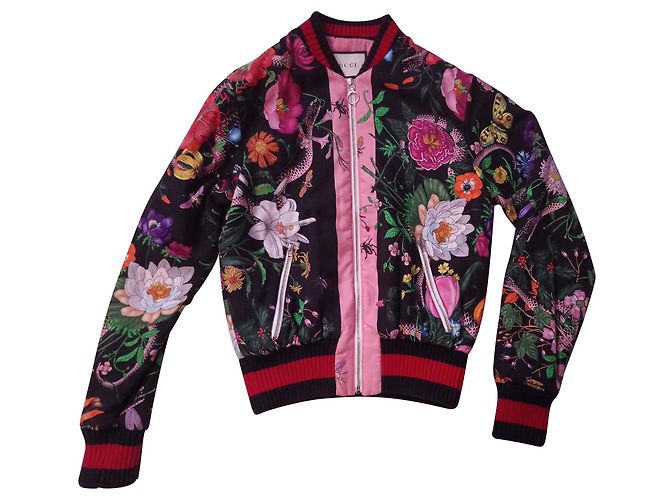 Giacca Bomber Gucci in Seta Motivi Floreali e Serpenti Multicolore