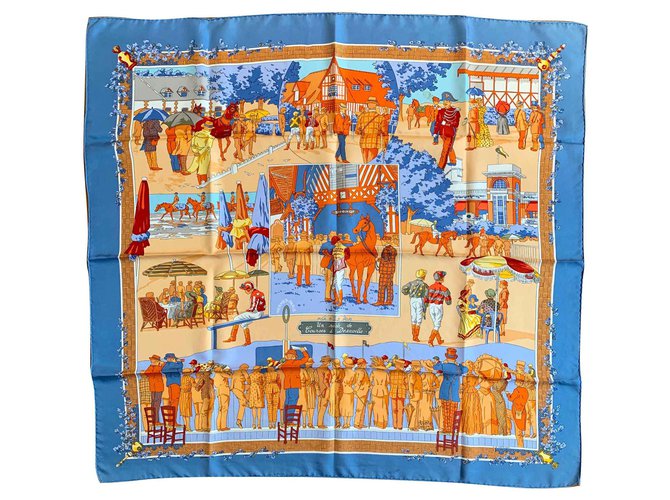 Hermès Un siècle de Courses à Deauville Soie Bleu Orange Jaune Bleu foncé  ref.145658