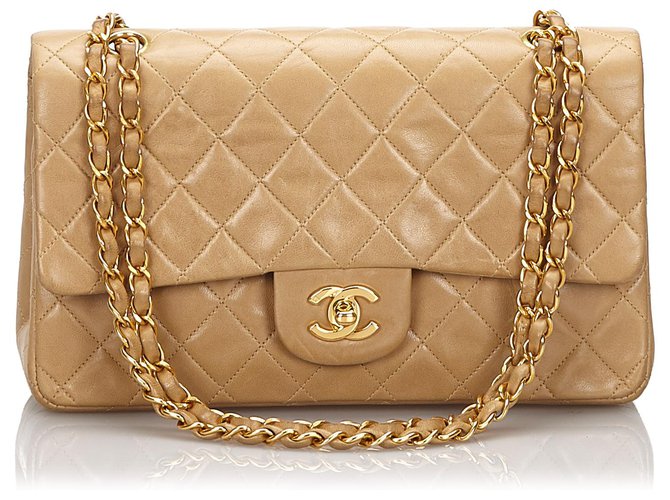 Chanel Brown Classic Medium Lambskin lined Flap Bag Beige Leather  ref.145838