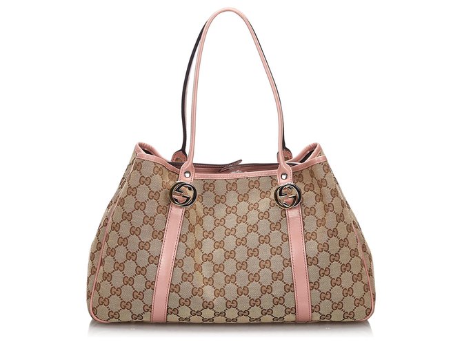 Gucci Brown GG Canvas Twin Tote Bag Pink Light brown Leather Cloth Cloth  ref.145846