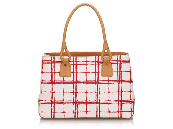 Burberry White Canvas Handbag Red Cream Leather Cloth Cloth  ref.146023