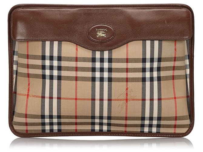Burberry Brown Haymarket - Pochette en toile à carreaux Cuir Tissu Marron Multicolore Beige  ref.146079