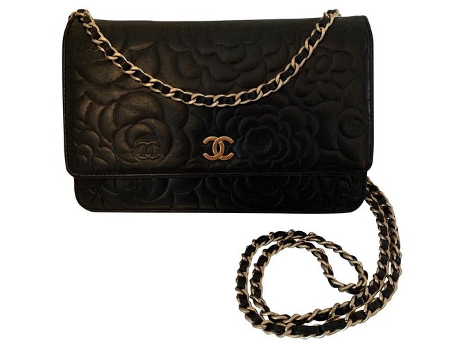 Wallet On Chain Chanel Woc Camellia Black Leather  ref.146110