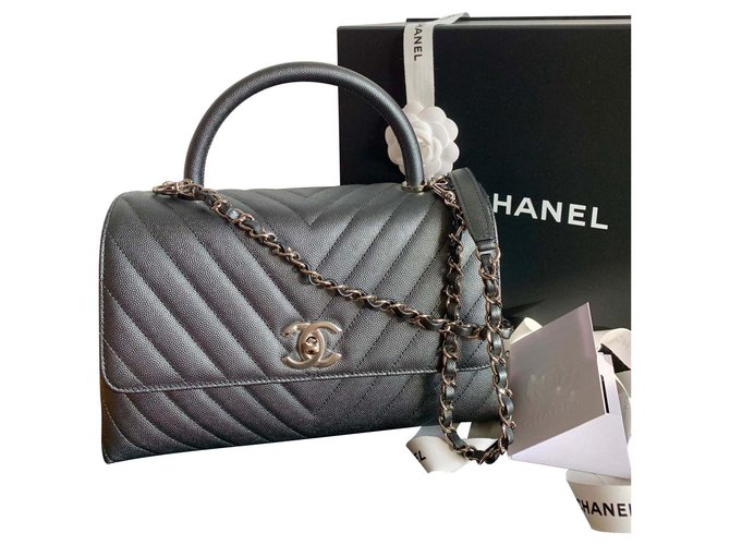 Chanel Coco Handle Caviar Chevron SHW Dark grey Leather  ref.146180