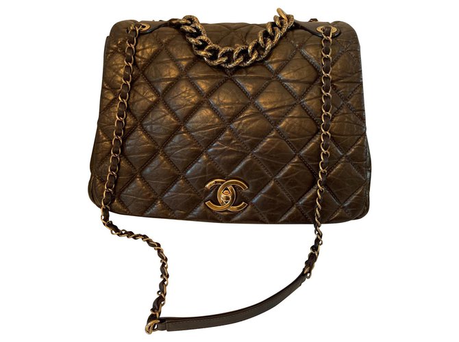 Classique Chanel Cuir Bronze Marron foncé  ref.146480