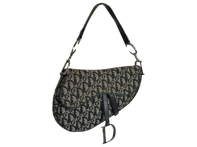 Grand Saddle bag monogrammé Dior Cuir Toile Noir Gris  ref.146498