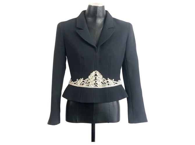 Chanel Jacke aus schwarzer Wolle mit Strass bestickt Silber Seide  ref.146504