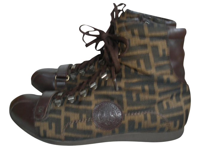 Fendi sneakers Toile Marron  ref.146562