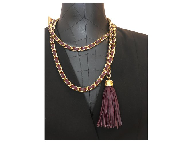 Chanel Cintos Dourado Bordeaux Couro Metal  ref.146723