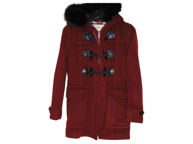 BURBERRY woolen hooded duffle coat with fur Dark red  ref.146736