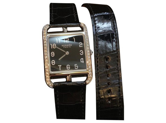 Hermès Hermes Diamond capa de código alinhado relógio de turismo Azul escuro Couros exóticos  ref.146819