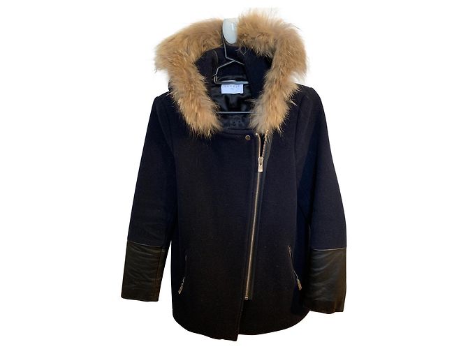Sandro Navy Blue Wool Short Coat with Hood