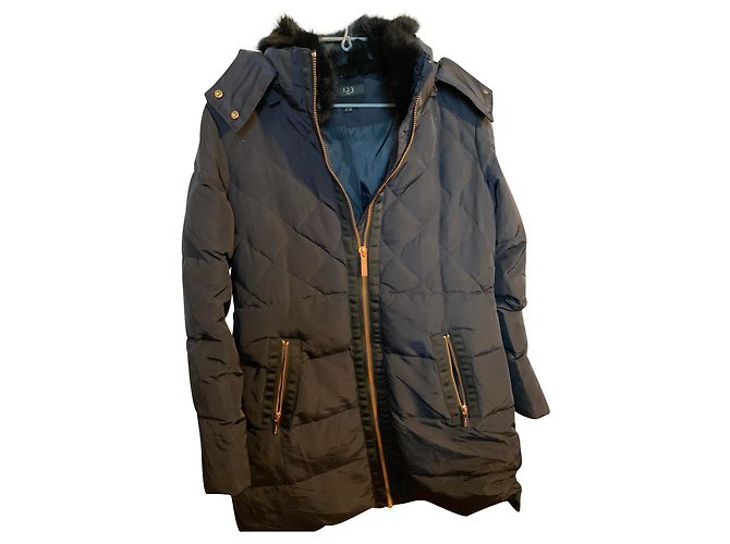 Autre Marque Black Long Down Jacket with Rabbit Collar