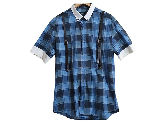 Autre Marque Camicia scozzese Takeshy Kurosawa blu in cotone e pelle