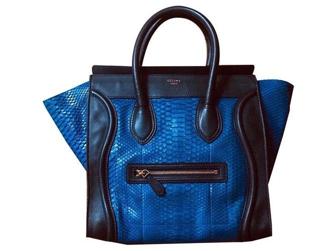 Beautiful and rare Céline Luggage two-tone bag in blue Python Navy blue Exotic leather  ref.146951