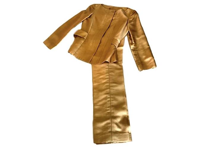 Conjunto de calça e casaco Carolina Herrera dourado de seda e algodão