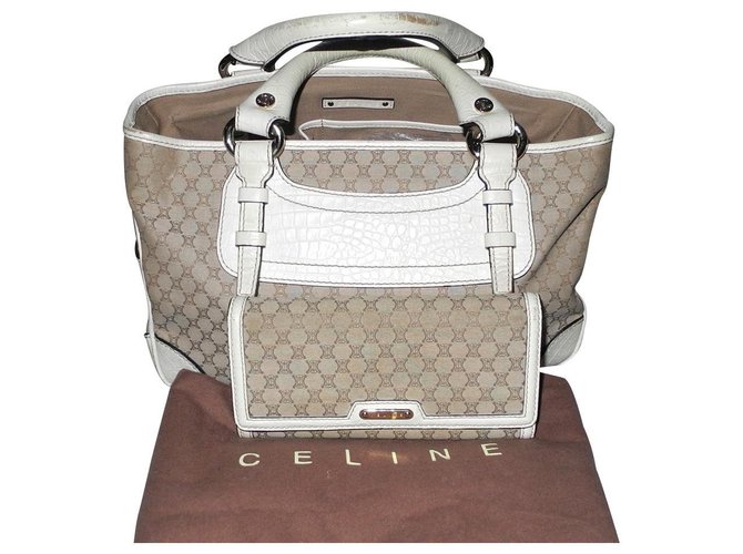 Céline Boogie in beige canvas and crocodile-like off-white leather + Matching wallet Eggshell Cloth Pony hair  ref.147180