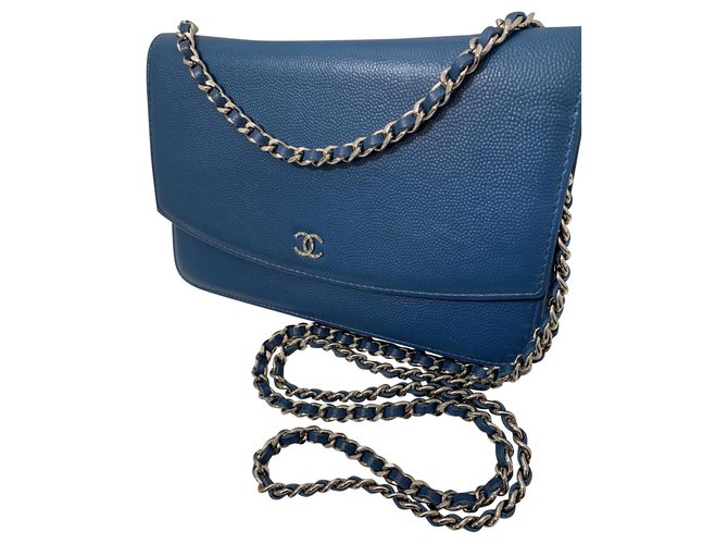 Wallet On Chain Chanel WOC Azul Couro  ref.147221