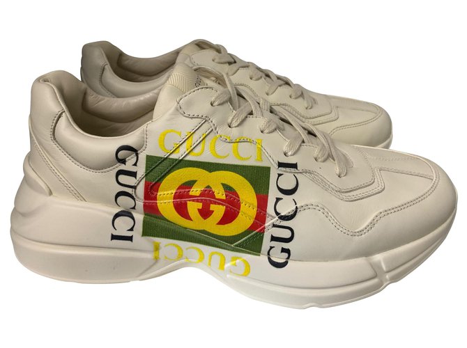 Rhyton-Ledersneaker mit Gucci-Logo 43.5 EU Weiß  ref.147317