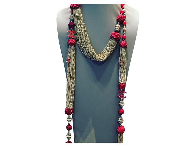Chanel Long necklaces Silvery Red Cotton Metal Pearl  ref.147336