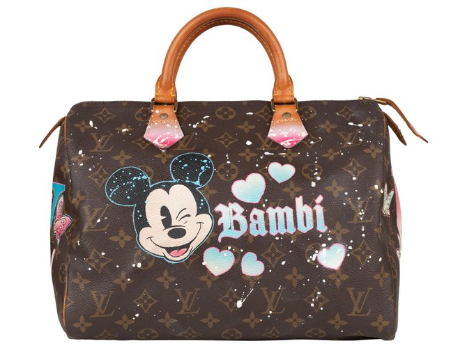 Speedy Louis Vuitton schnelle Handtasche 30 Kundengebundenes "Bambi" Monogramm durch PatBo! Braun Leder Leinwand  ref.147512