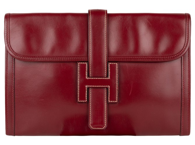 ¡Bolso de mano Hermès Jige en cuero caja color burdeos!  ref.147519