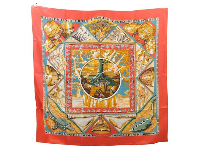 Hermès Scarf "Au Threads du Tan-Tan" Red Silk  ref.147834