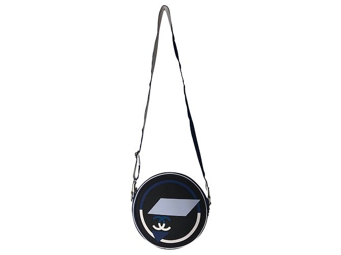 BORSA A MANO CHANEL IN TELA E GOMMA . Nero Bianco Blu navy