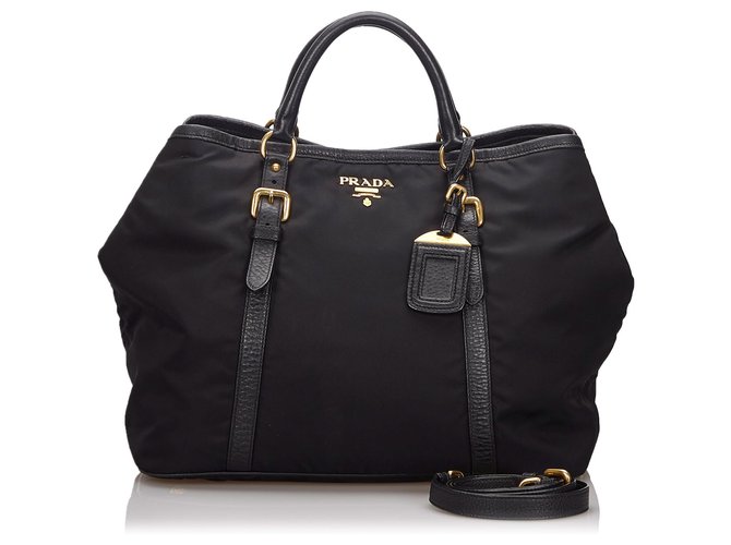 Prada Bolsa De Nylon Preta Preto Couro Pano  ref.149085