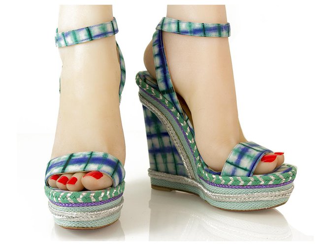 Christian Louboutin Blue Green Check Plateau Wedges Slingback Anckle Strap 37 Baumwolle  ref.149125