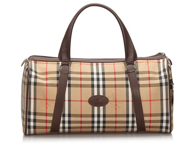 Burberry Brown Haymarket Check Duffle Bag aus Segeltuch Braun Mehrfarben Beige Leder Leinwand  ref.149297